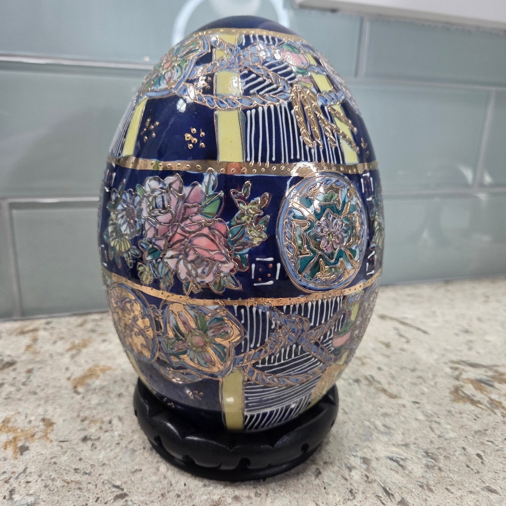 Vintage Hand Painted Satsuma-style Ceramic Egg Wood Stand Blue Yellow Gold